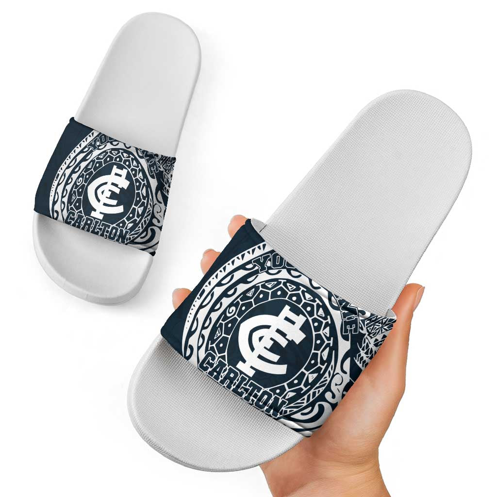 Personalized Carlton Blues Polynesian Slide Sandals Tribal Chest and Sleeve Tattoo Heritage Warrior