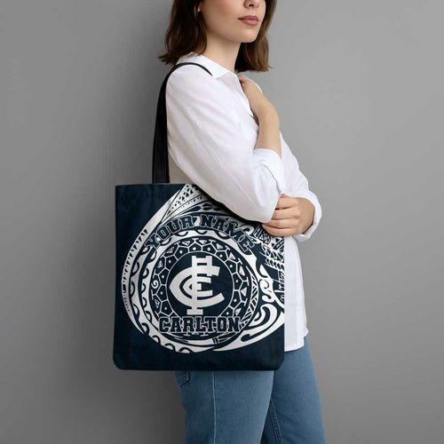 Personalized Carlton Blues Polynesian Tote Bag Tribal Chest and Sleeve Tattoo Heritage Warrior
