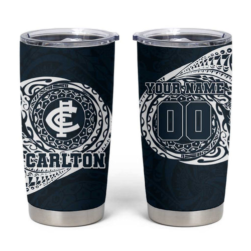 Personalized Carlton Blues Polynesian Tumbler Cup Tribal Chest and Sleeve Tattoo Heritage Warrior