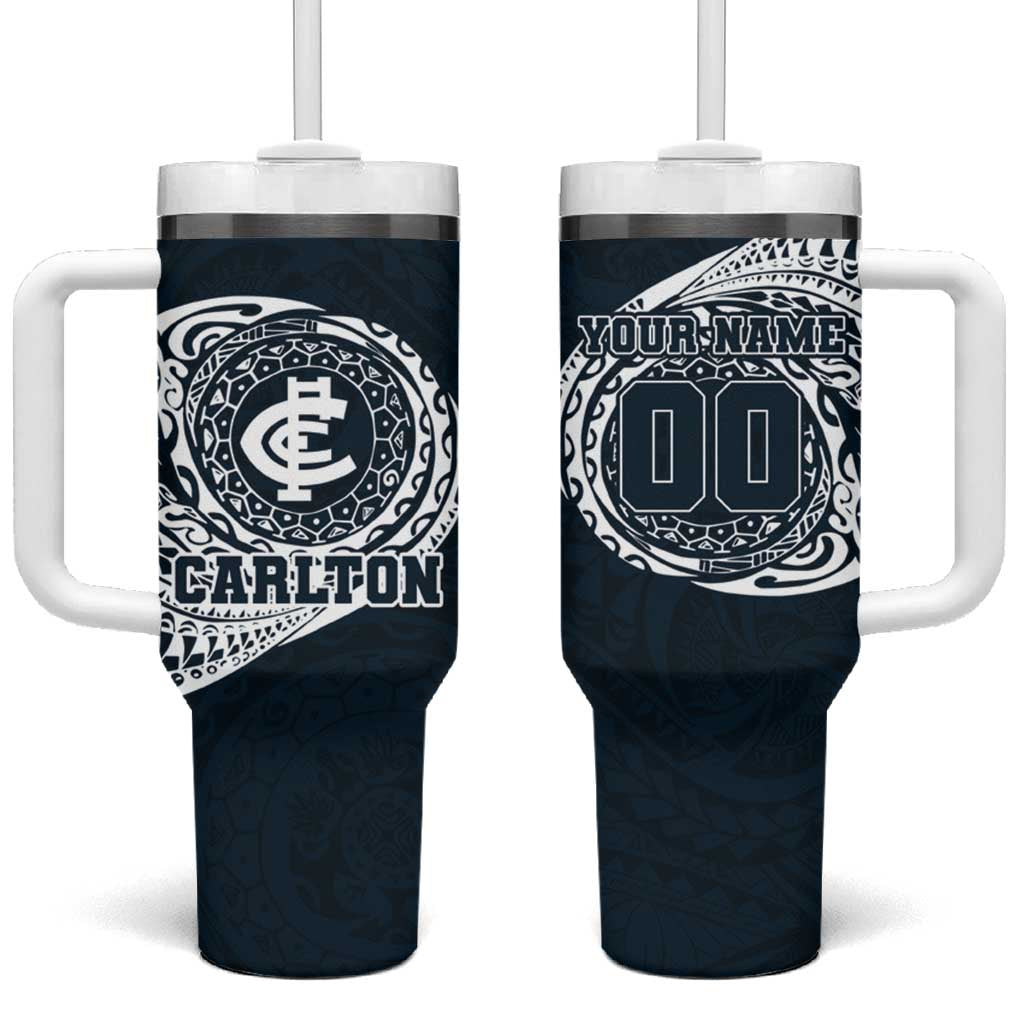 Personalized Carlton Blues Polynesian Tumbler With Handle Tribal Chest and Sleeve Tattoo Heritage Warrior