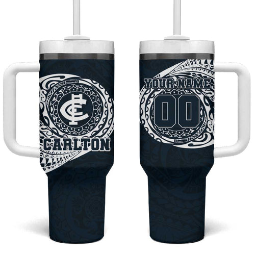 Personalized Carlton Blues Polynesian Tumbler With Handle Tribal Chest and Sleeve Tattoo Heritage Warrior