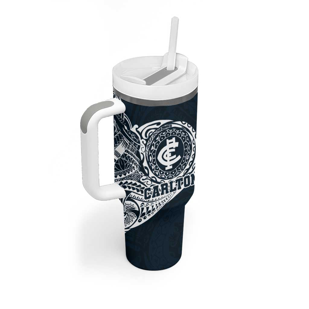 Personalized Carlton Blues Polynesian Tumbler With Handle Tribal Chest and Sleeve Tattoo Heritage Warrior