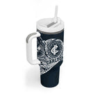 Personalized Carlton Blues Polynesian Tumbler With Handle Tribal Chest and Sleeve Tattoo Heritage Warrior