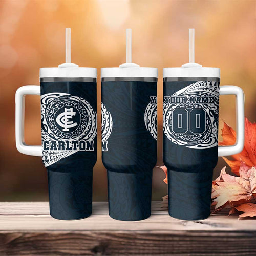 Personalized Carlton Blues Polynesian Tumbler With Handle Tribal Chest and Sleeve Tattoo Heritage Warrior