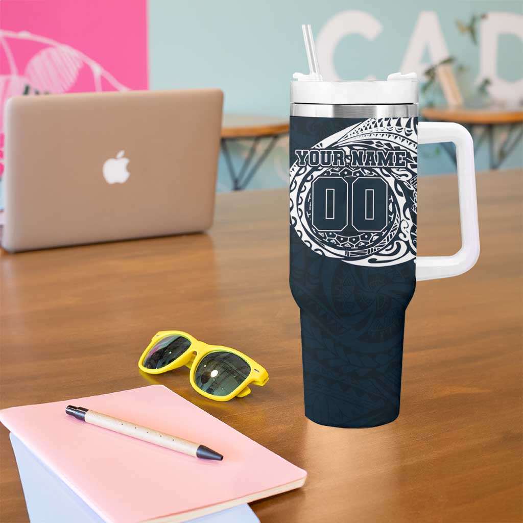 Personalized Carlton Blues Polynesian Tumbler With Handle Tribal Chest and Sleeve Tattoo Heritage Warrior