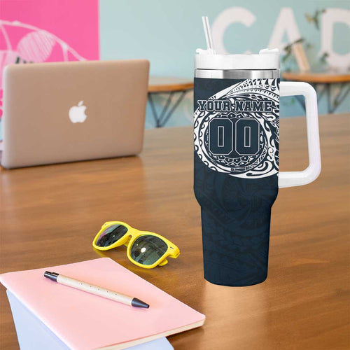 Personalized Carlton Blues Polynesian Tumbler With Handle Tribal Chest and Sleeve Tattoo Heritage Warrior
