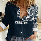 Personalized Carlton Blues Polynesian Women Casual Shirt Tribal Chest and Sleeve Tattoo Heritage Warrior