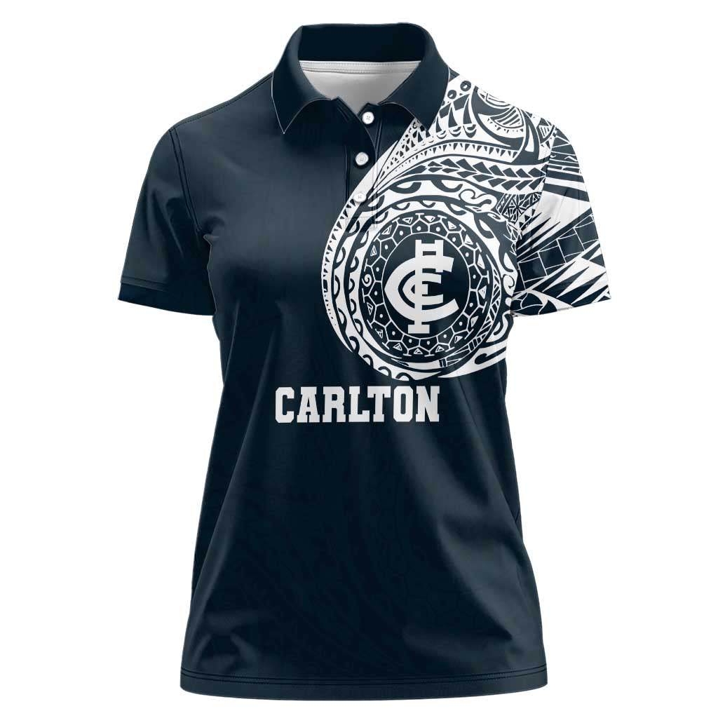 Personalized Carlton Blues Polynesian Women Polo Shirt Tribal Chest and Sleeve Tattoo Heritage Warrior