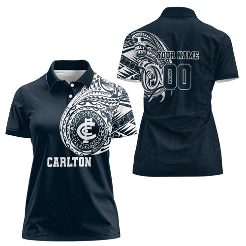 Personalized Carlton Blues Polynesian Women Polo Shirt Tribal Chest and Sleeve Tattoo Heritage Warrior