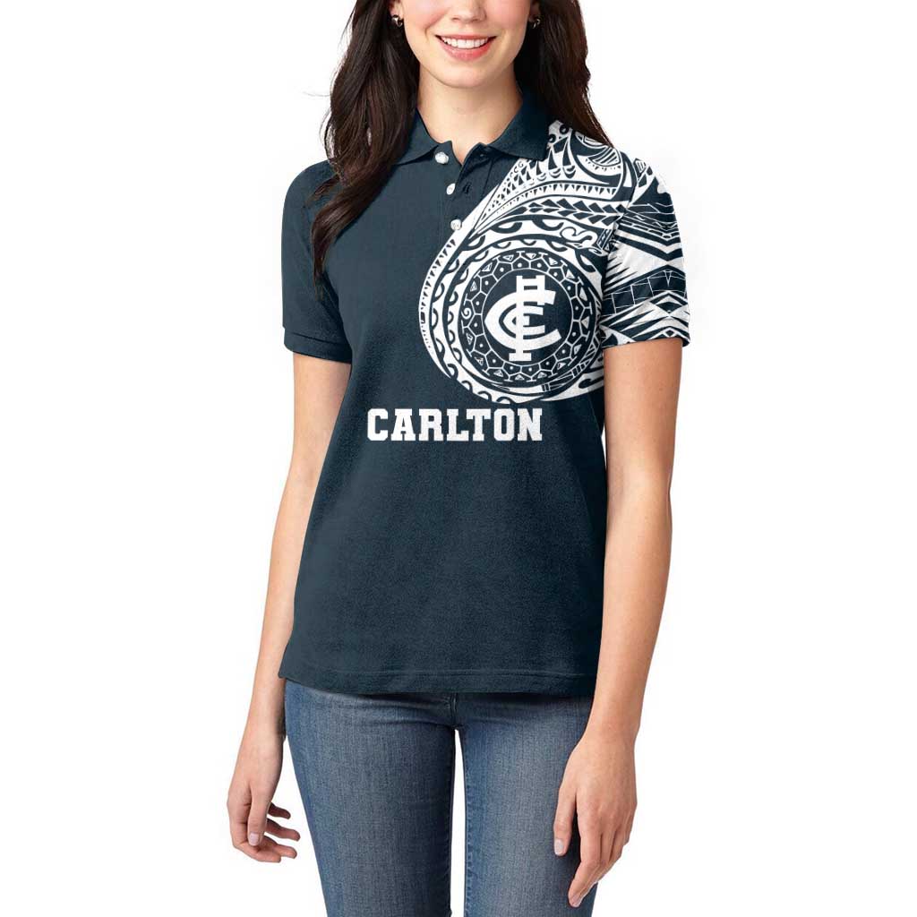 Personalized Carlton Blues Polynesian Women Polo Shirt Tribal Chest and Sleeve Tattoo Heritage Warrior