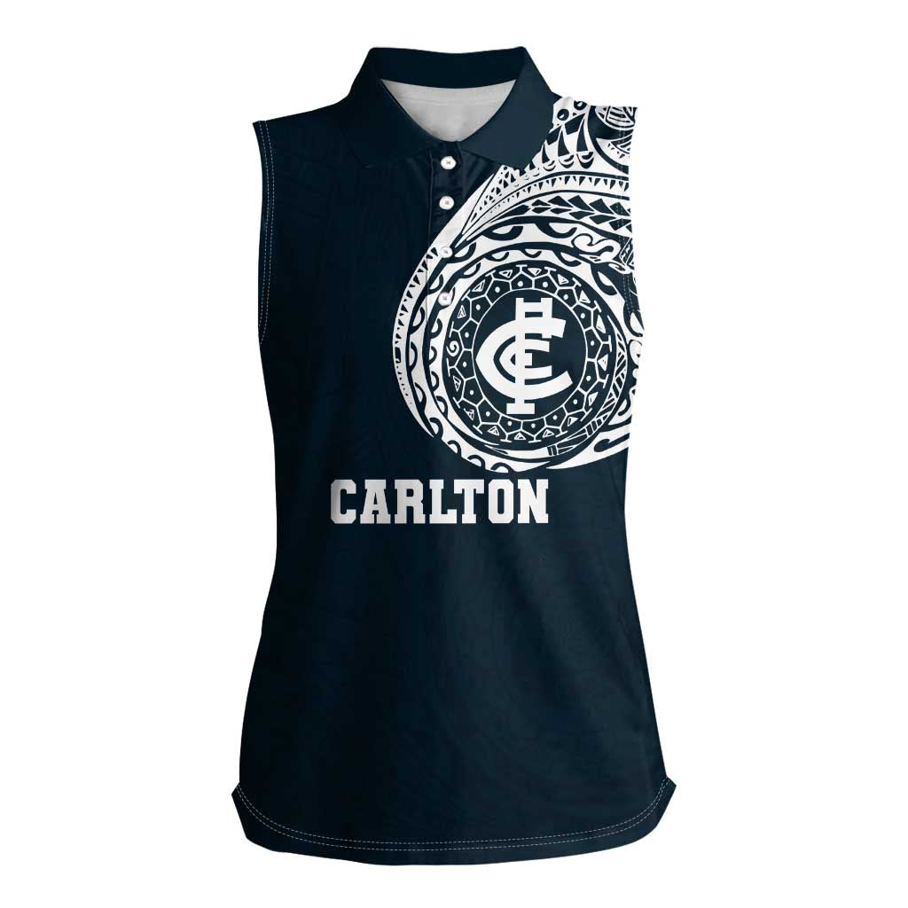 Personalized Carlton Blues Polynesian Women Sleeveless Polo Shirt Tribal Chest and Sleeve Tattoo Heritage Warrior