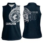 Personalized Carlton Blues Polynesian Women Sleeveless Polo Shirt Tribal Chest and Sleeve Tattoo Heritage Warrior