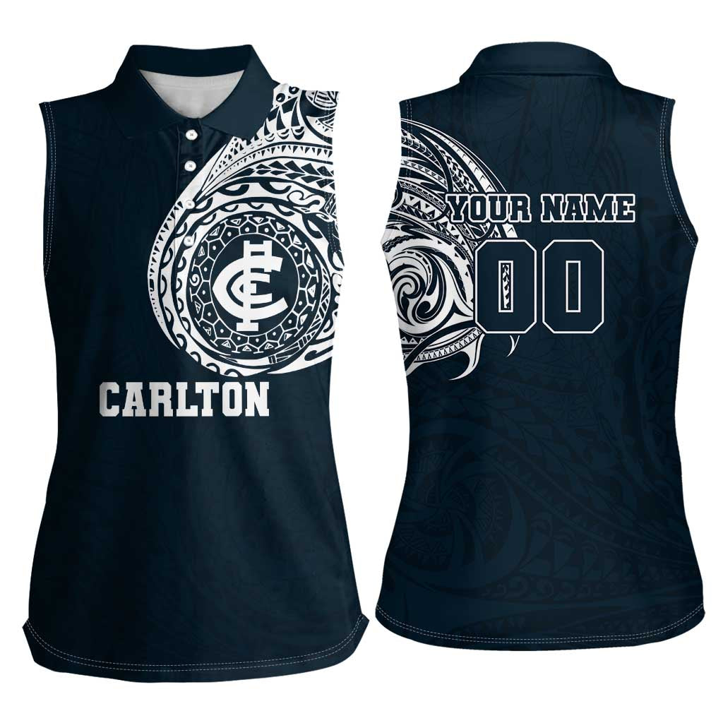 Personalized Carlton Blues Polynesian Women Sleeveless Polo Shirt Tribal Chest and Sleeve Tattoo Heritage Warrior