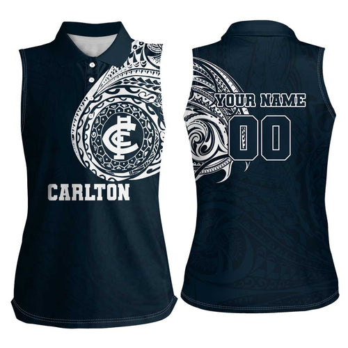 Personalized Carlton Blues Polynesian Women Sleeveless Polo Shirt Tribal Chest and Sleeve Tattoo Heritage Warrior