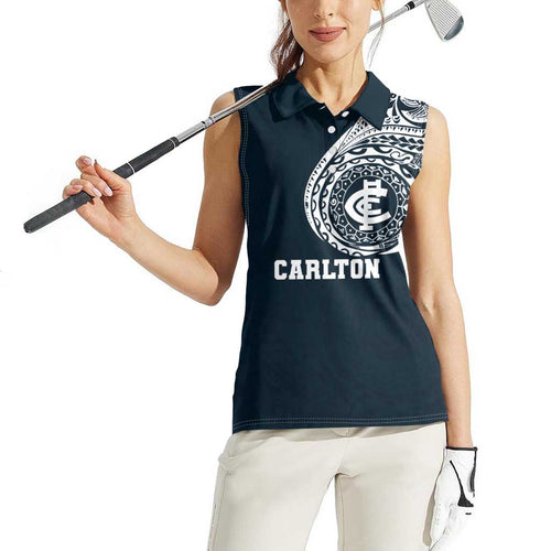 Personalized Carlton Blues Polynesian Women Sleeveless Polo Shirt Tribal Chest and Sleeve Tattoo Heritage Warrior
