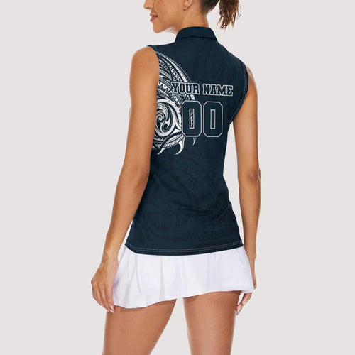 Personalized Carlton Blues Polynesian Women Sleeveless Polo Shirt Tribal Chest and Sleeve Tattoo Heritage Warrior