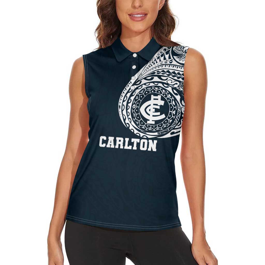 Personalized Carlton Blues Polynesian Women Sleeveless Polo Shirt Tribal Chest and Sleeve Tattoo Heritage Warrior