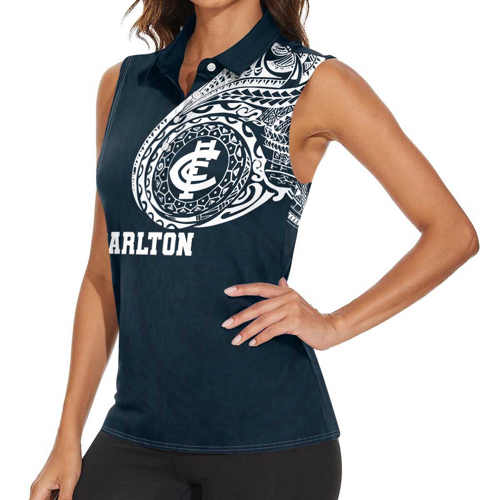 Personalized Carlton Blues Polynesian Women Sleeveless Polo Shirt Tribal Chest and Sleeve Tattoo Heritage Warrior