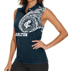 Personalized Carlton Blues Polynesian Women Sleeveless Polo Shirt Tribal Chest and Sleeve Tattoo Heritage Warrior