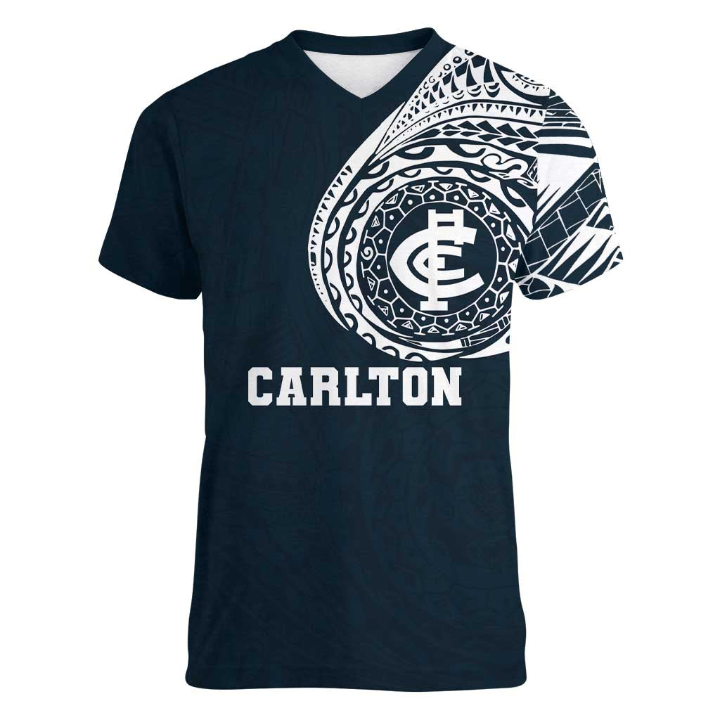 Personalized Carlton Blues Polynesian Women V-Neck T-Shirt Tribal Chest and Sleeve Tattoo Heritage Warrior