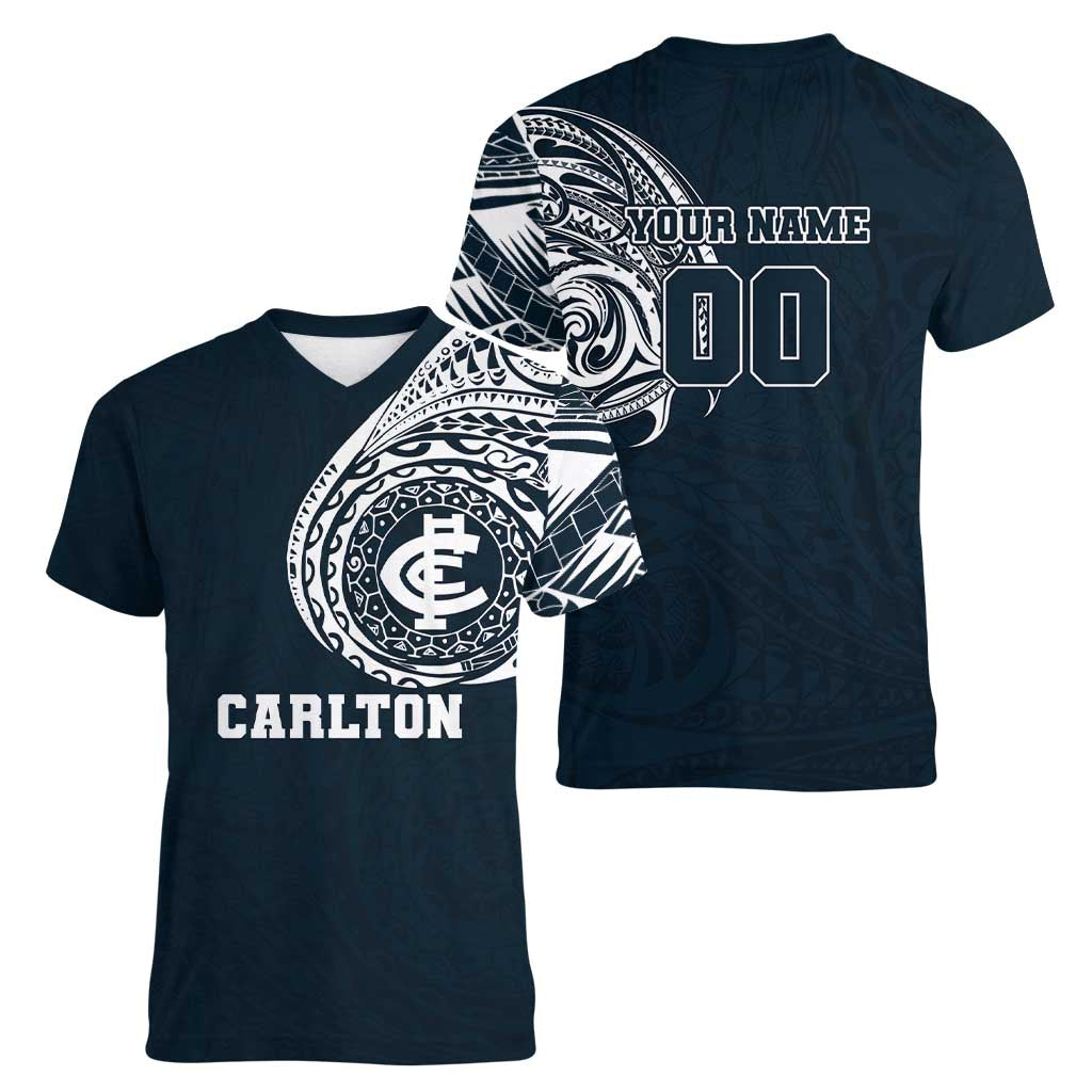 Personalized Carlton Blues Polynesian Women V-Neck T-Shirt Tribal Chest and Sleeve Tattoo Heritage Warrior