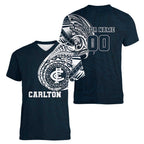 Personalized Carlton Blues Polynesian Women V-Neck T-Shirt Tribal Chest and Sleeve Tattoo Heritage Warrior