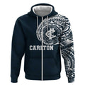 Personalized Carlton Blues Polynesian Zip Hoodie Tribal Chest and Sleeve Tattoo Heritage Warrior