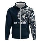 Personalized Carlton Blues Polynesian Zip Hoodie Tribal Chest and Sleeve Tattoo Heritage Warrior