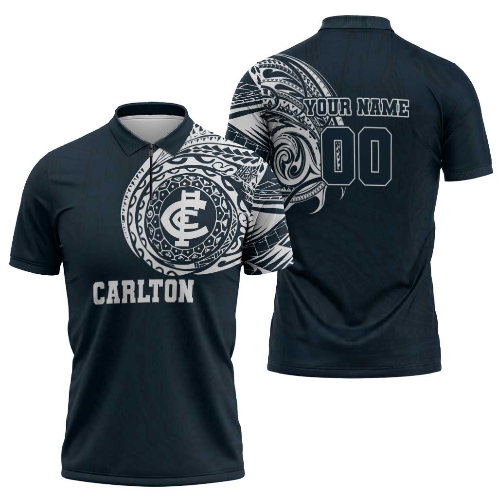 Personalized Carlton Blues Polynesian Zipper Polo Shirt Tribal Chest and Sleeve Tattoo Heritage Warrior