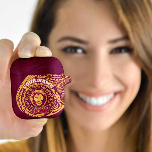 Personalized Brisbane Lions Polynesian AirPods Case Tribal Chest and Sleeve Tattoo Heritage Warrior