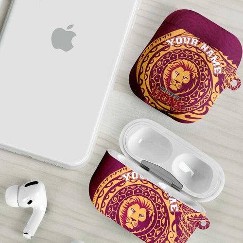 Personalized Brisbane Lions Polynesian AirPods Case Tribal Chest and Sleeve Tattoo Heritage Warrior