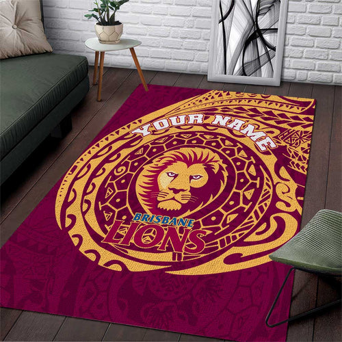 Personalized Brisbane Lions Polynesian Area Rug Tribal Chest and Sleeve Tattoo Heritage Warrior