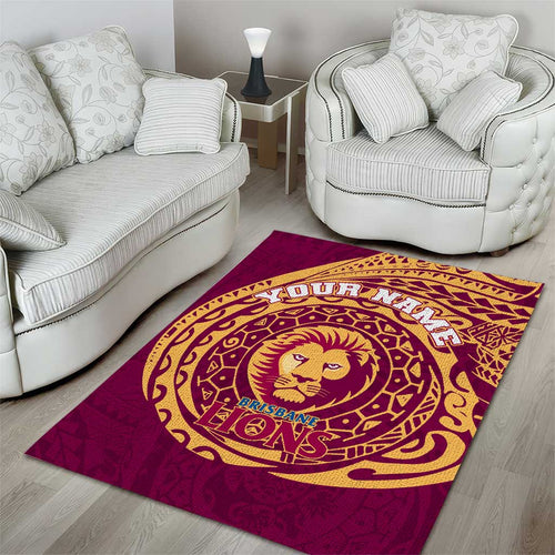 Personalized Brisbane Lions Polynesian Area Rug Tribal Chest and Sleeve Tattoo Heritage Warrior