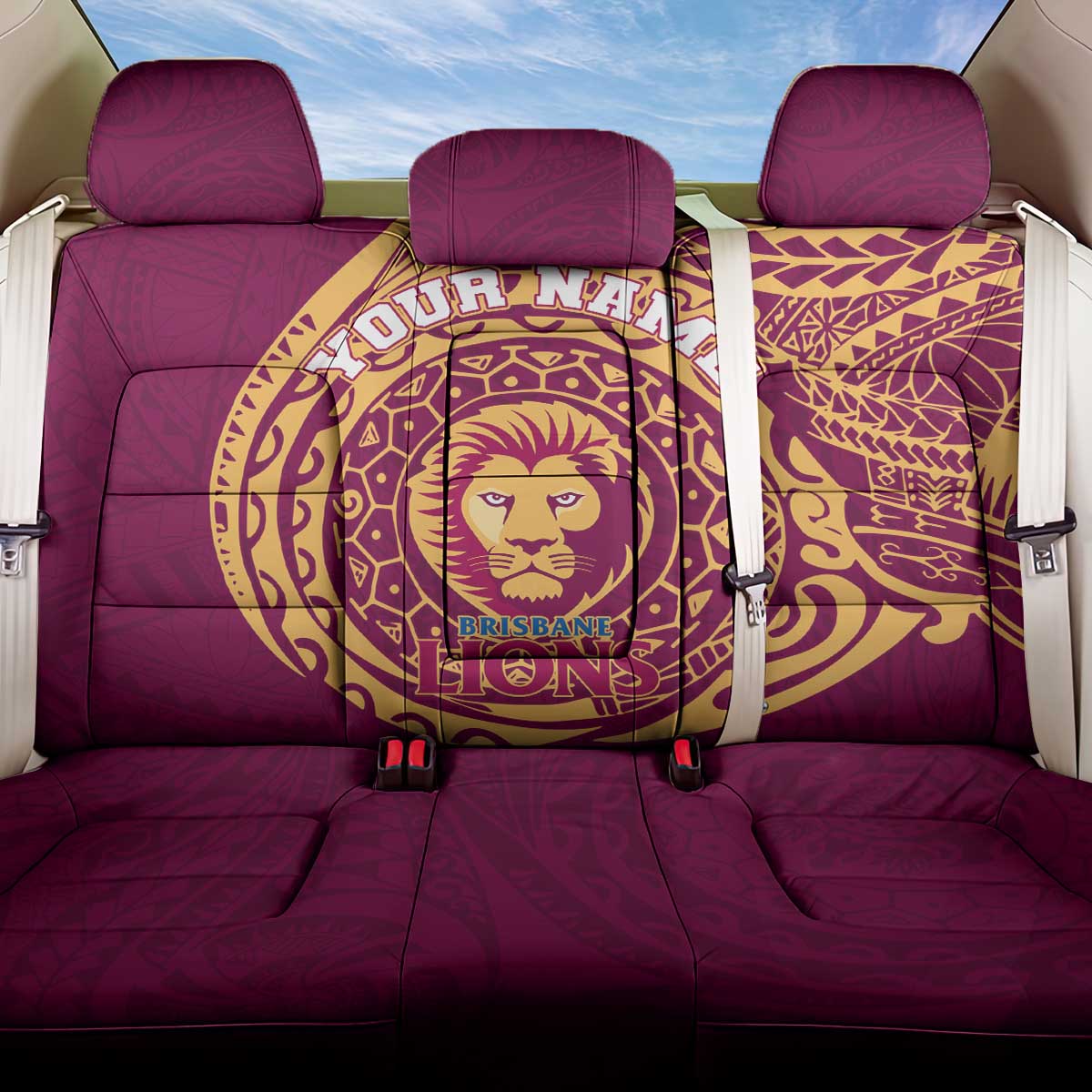 Personalized Brisbane Lions Polynesian Back Car Seat Cover Tribal Chest and Sleeve Tattoo Heritage Warrior