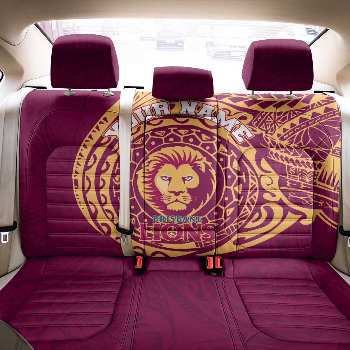 Personalized Brisbane Lions Polynesian Back Car Seat Cover Tribal Chest and Sleeve Tattoo Heritage Warrior