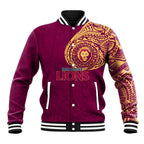 Personalized Brisbane Lions Polynesian Baseball Jacket Tribal Chest and Sleeve Tattoo Heritage Warrior