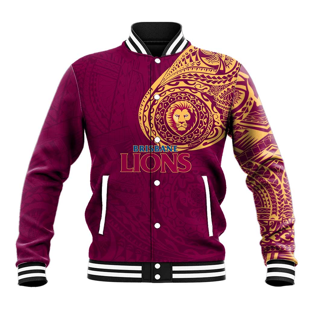 Personalized Brisbane Lions Polynesian Baseball Jacket Tribal Chest and Sleeve Tattoo Heritage Warrior