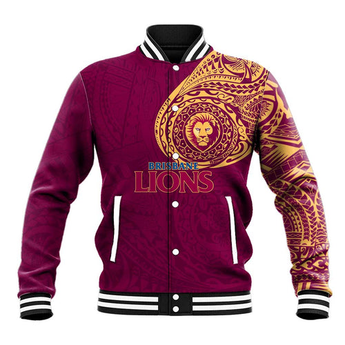 Personalized Brisbane Lions Polynesian Baseball Jacket Tribal Chest and Sleeve Tattoo Heritage Warrior