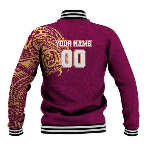 Personalized Brisbane Lions Polynesian Baseball Jacket Tribal Chest and Sleeve Tattoo Heritage Warrior