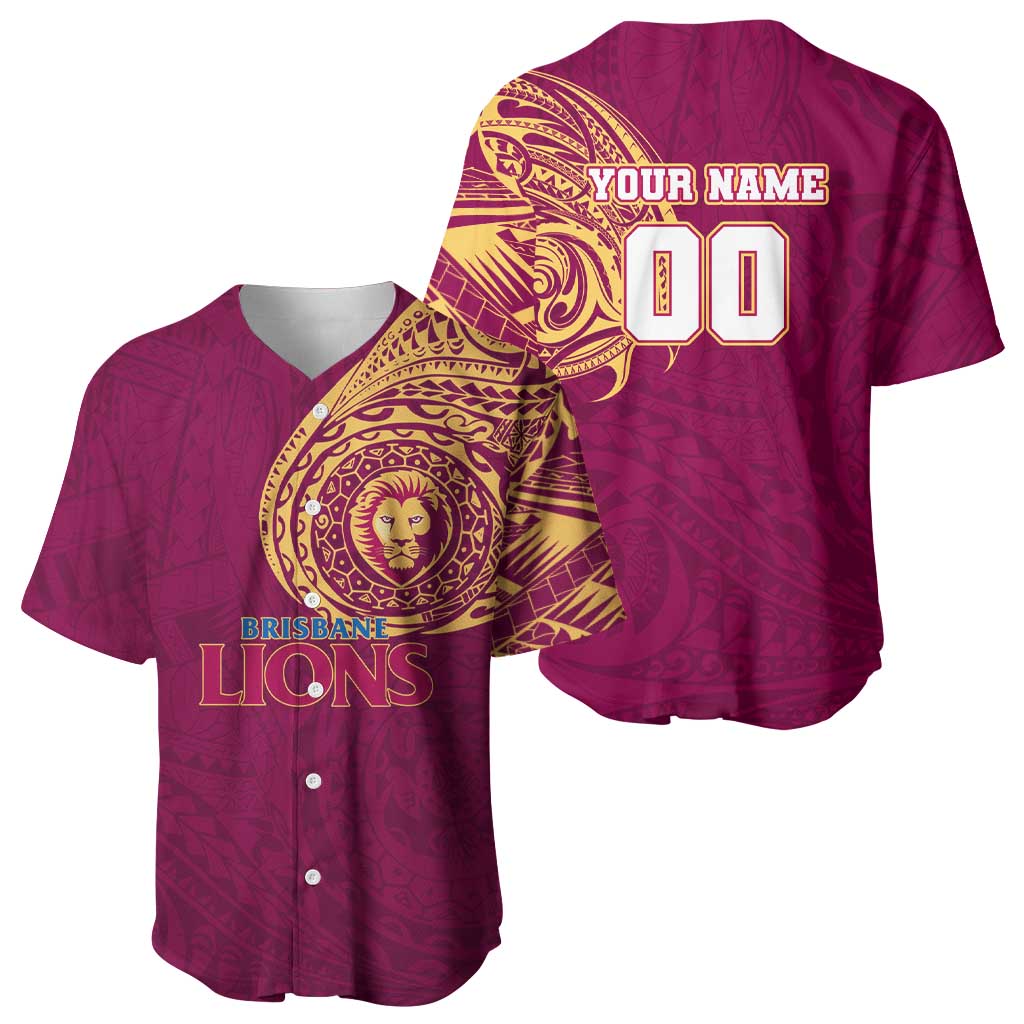 Personalized Brisbane Lions Polynesian Baseball Jersey Tribal Chest and Sleeve Tattoo Heritage Warrior