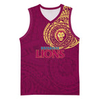 Personalized Brisbane Lions Polynesian Basketball Jersey Tribal Chest and Sleeve Tattoo Heritage Warrior