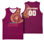 Personalized Brisbane Lions Polynesian Basketball Jersey Tribal Chest and Sleeve Tattoo Heritage Warrior