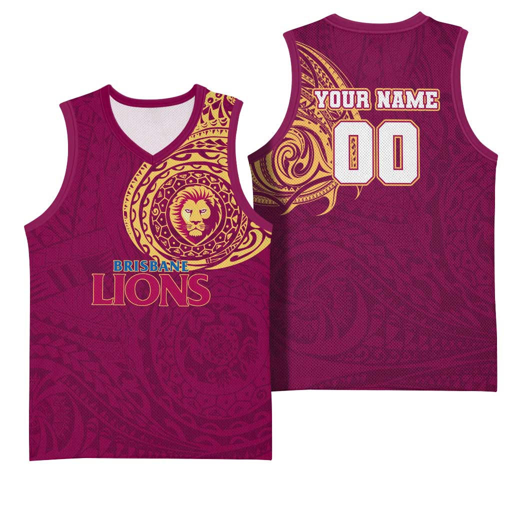 Personalized Brisbane Lions Polynesian Basketball Jersey Tribal Chest and Sleeve Tattoo Heritage Warrior