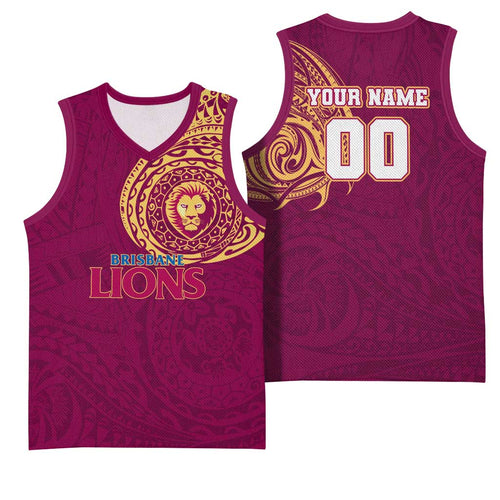 Personalized Brisbane Lions Polynesian Basketball Jersey Tribal Chest and Sleeve Tattoo Heritage Warrior