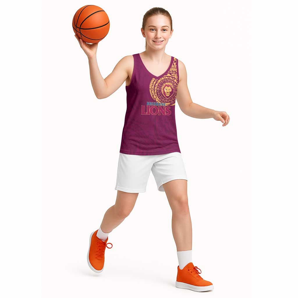Personalized Brisbane Lions Polynesian Basketball Jersey Tribal Chest and Sleeve Tattoo Heritage Warrior