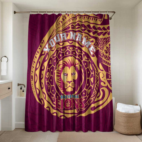 Personalized Brisbane Lions Polynesian Bathroom Set Tribal Chest and Sleeve Tattoo Heritage Warrior