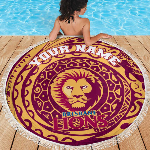 Personalized Brisbane Lions Polynesian Beach Blanket Tribal Chest and Sleeve Tattoo Heritage Warrior