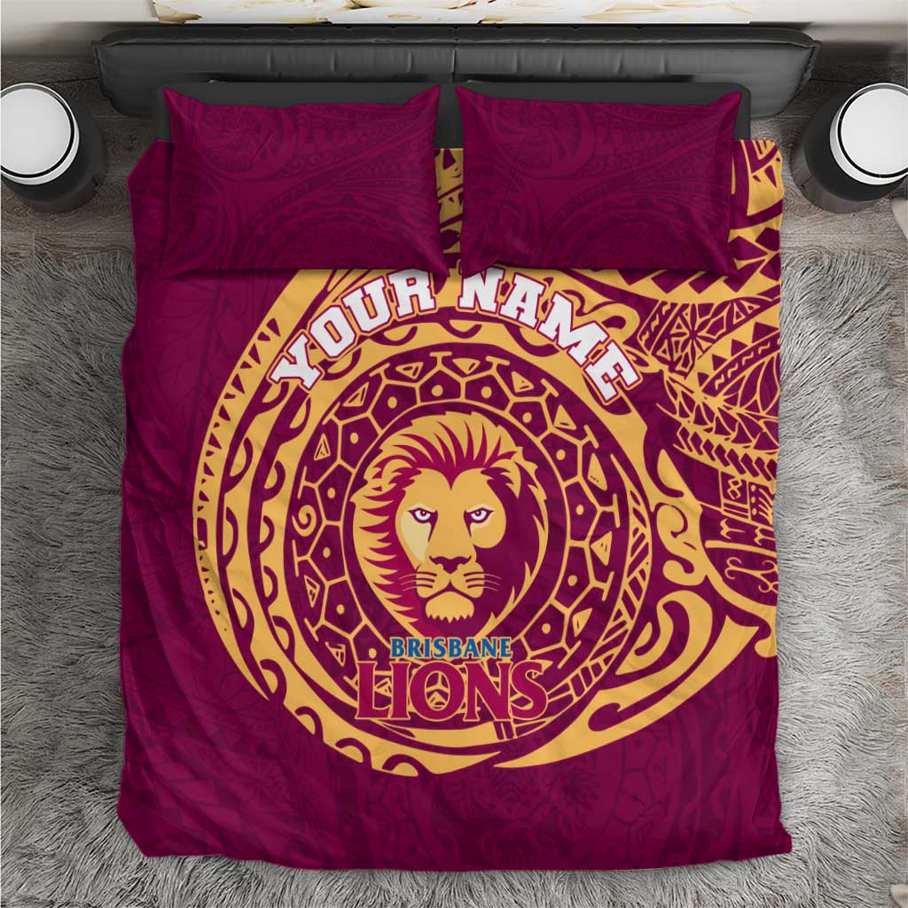 Personalized Brisbane Lions Polynesian Bedding Set Tribal Chest and Sleeve Tattoo Heritage Warrior