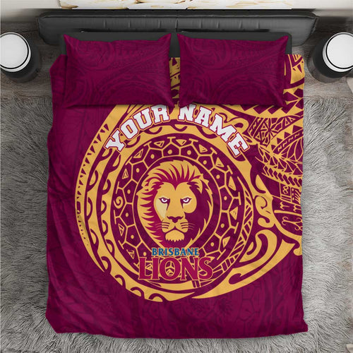 Personalized Brisbane Lions Polynesian Bedding Set Tribal Chest and Sleeve Tattoo Heritage Warrior