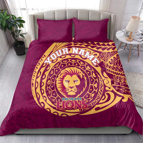 Personalized Brisbane Lions Polynesian Bedding Set Tribal Chest and Sleeve Tattoo Heritage Warrior